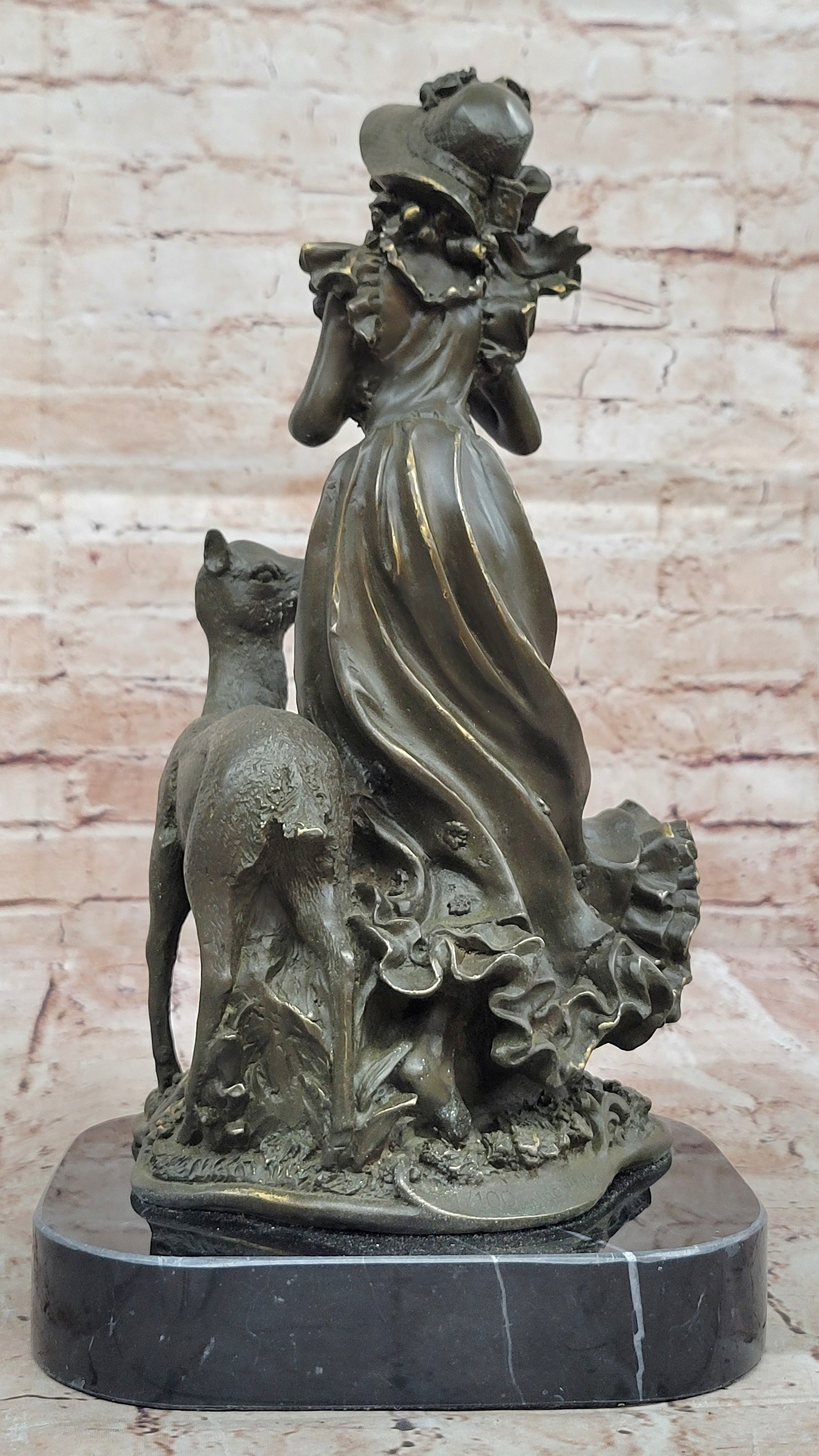 Bronze Girl Playing Flute with Deer on Marble Base by Aldo Vitaleh