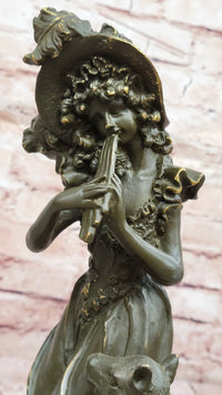 Bronze Girl Playing Flute with Deer on Marble Base by Aldo Vitaleh