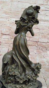 Bronze Girl Playing Flute with Deer on Marble Base by Aldo Vitaleh