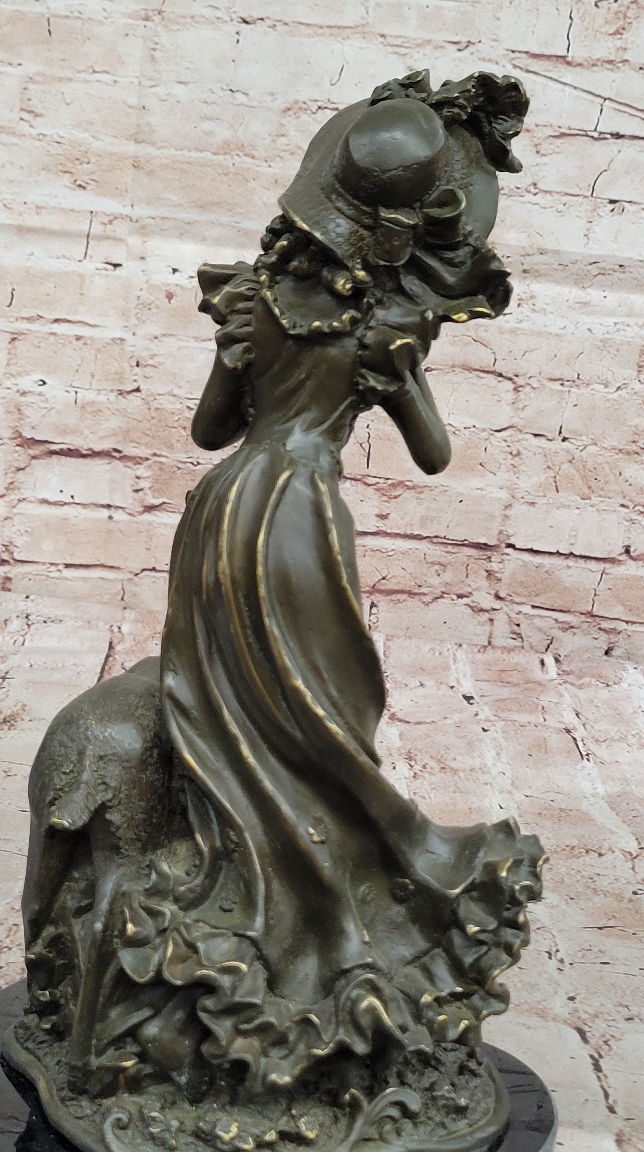 Bronze Girl Playing Flute with Deer on Marble Base by Aldo Vitaleh