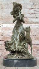 Bronze Girl Playing Flute with Deer on Marble Base by Aldo Vitaleh