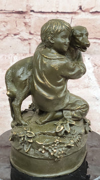 Boy Hugging Dog Bronze Sculpture on Marble Base