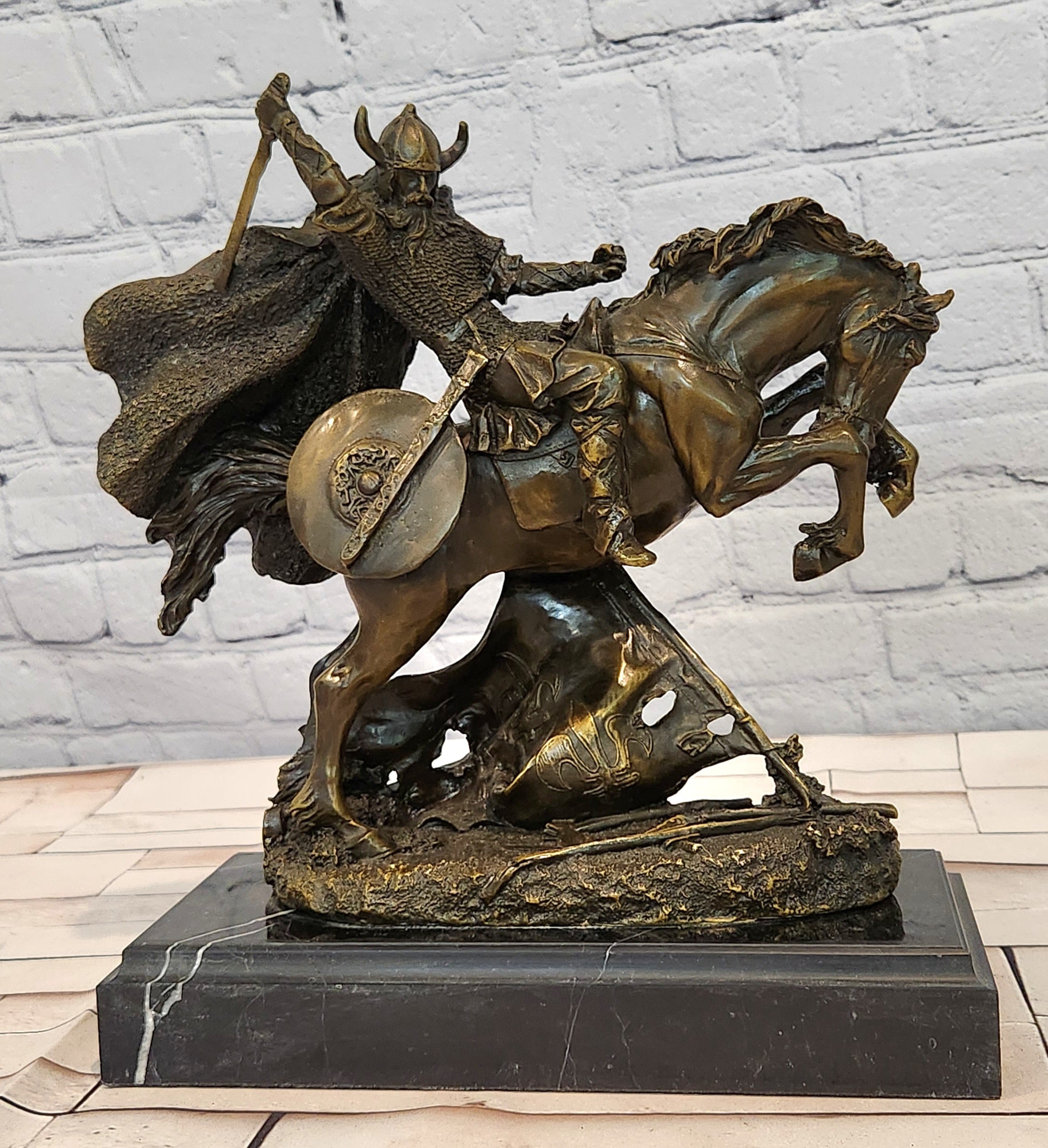 Bronze Medieval Warrior Riding Statue Vintage Sculpture Handcrafted Collectible