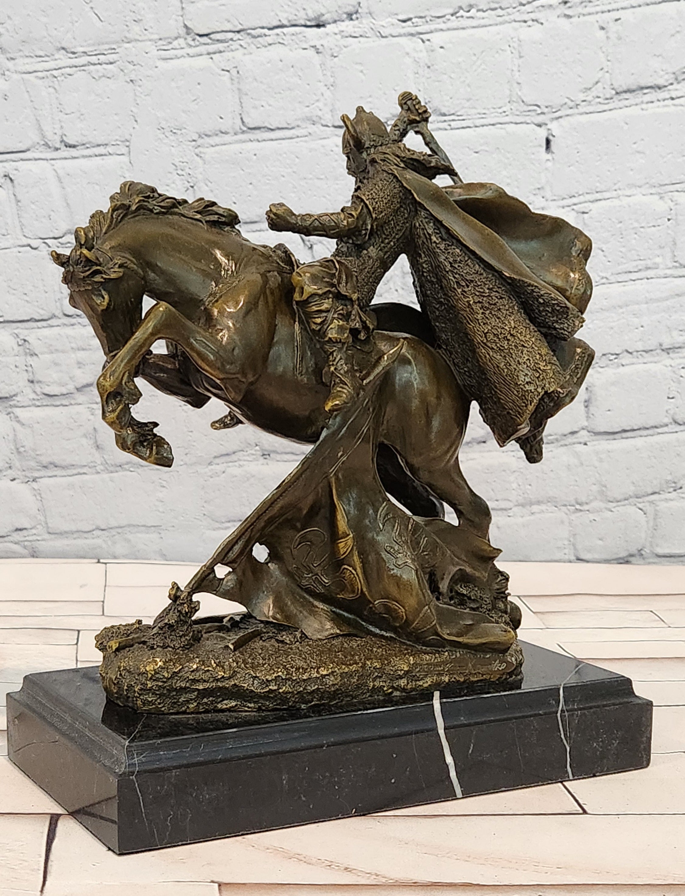 Bronze Medieval Warrior Riding Statue Vintage Sculpture Handcrafted Collectible