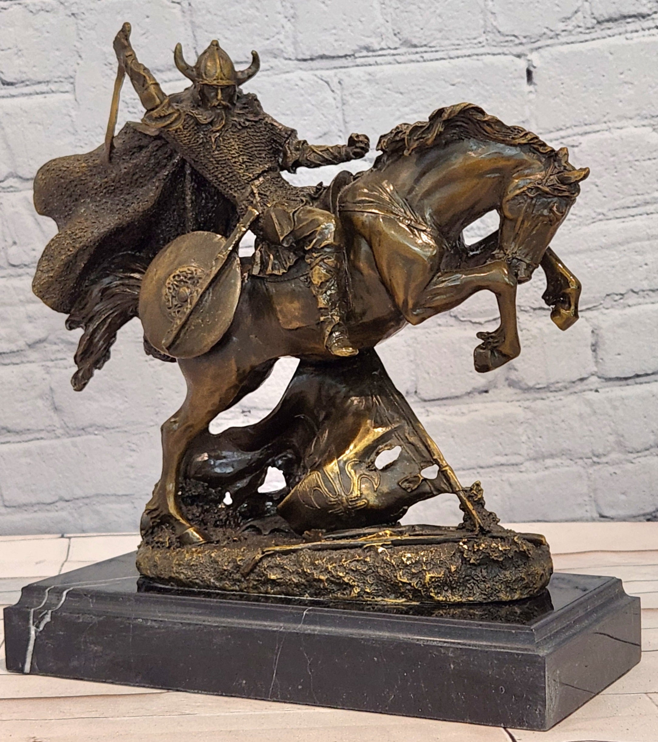 Bronze Medieval Warrior Riding Statue Vintage Sculpture Handcrafted Collectible