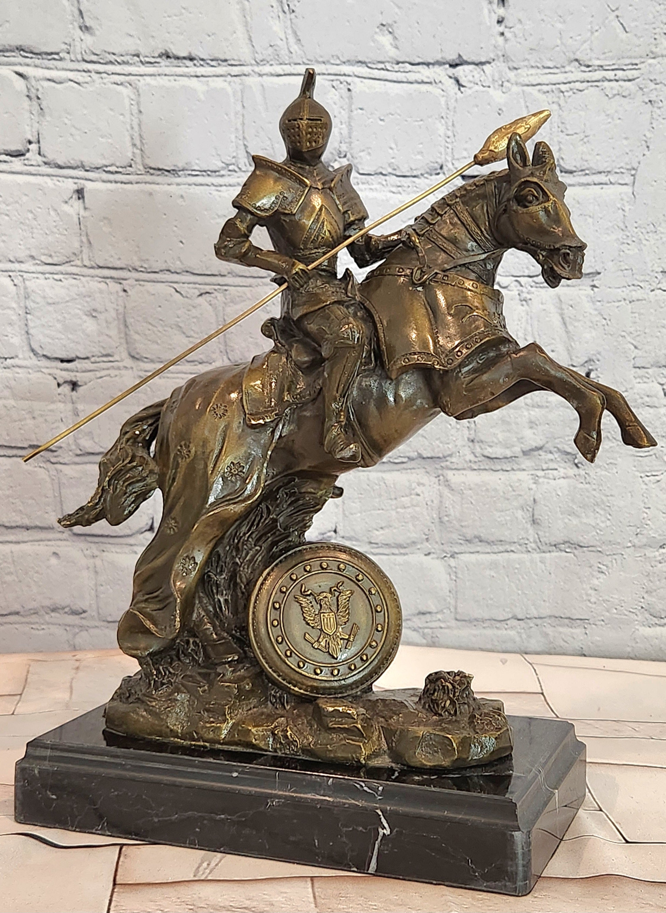 Signed Original Kamiko Knight on Horseback in a Leap Medieval Artwork Bronze Statue