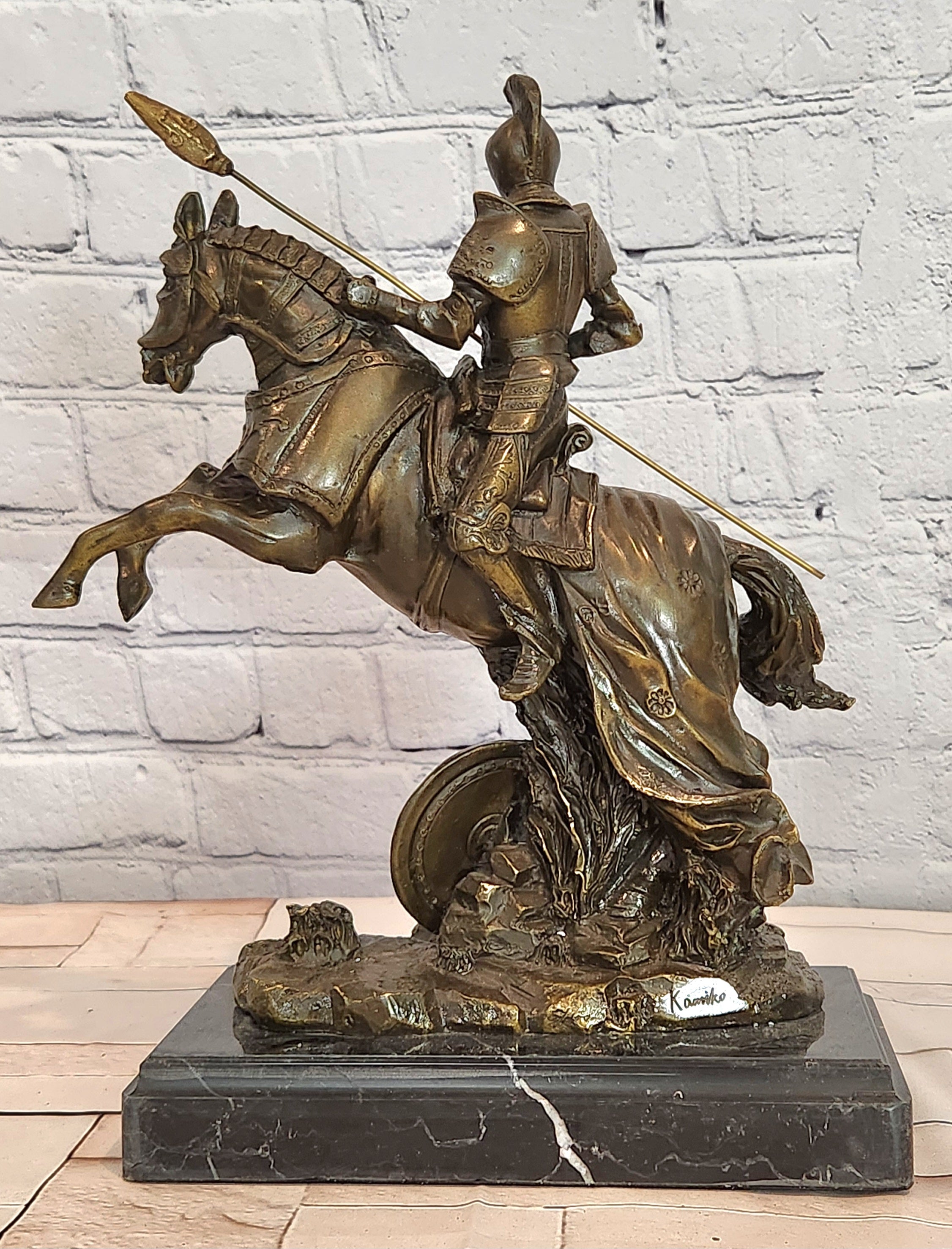 Signed Original Kamiko Knight on Horseback in a Leap Medieval Artwork Bronze Statue