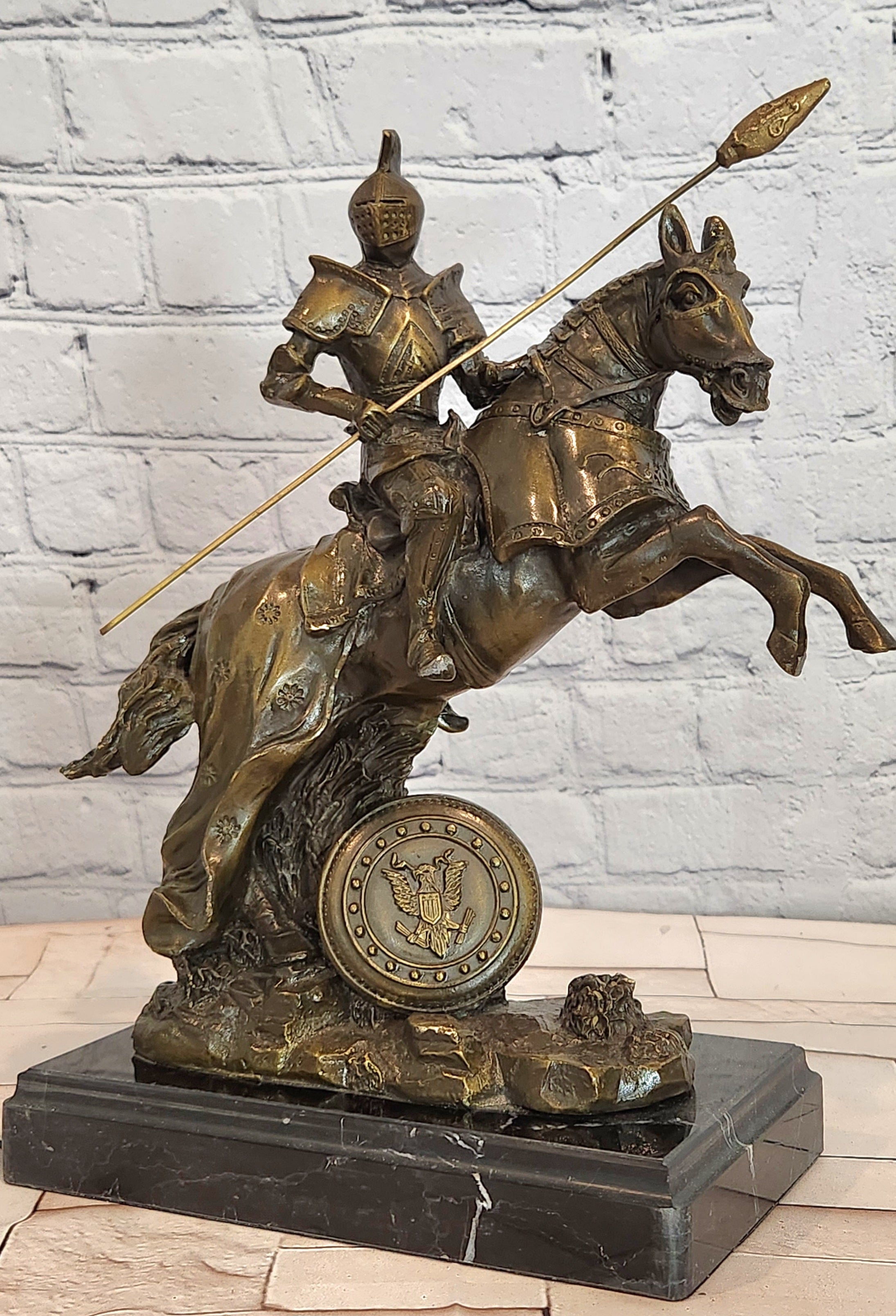 Signed Original Kamiko Knight on Horseback in a Leap Medieval Artwork Bronze Statue