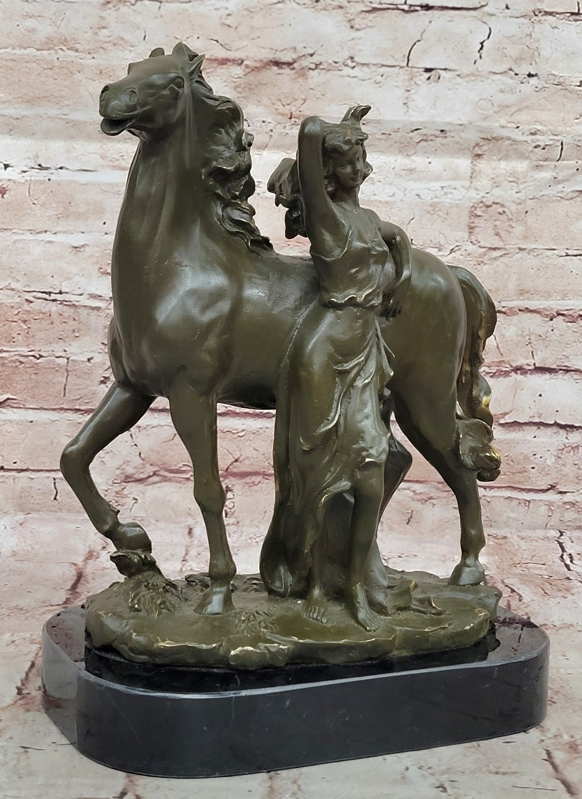 Art Nouveau Bronze Woman and Horse – Sculpture on Marble
