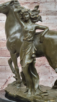 Art Nouveau Bronze Woman and Horse – Sculpture on Marble