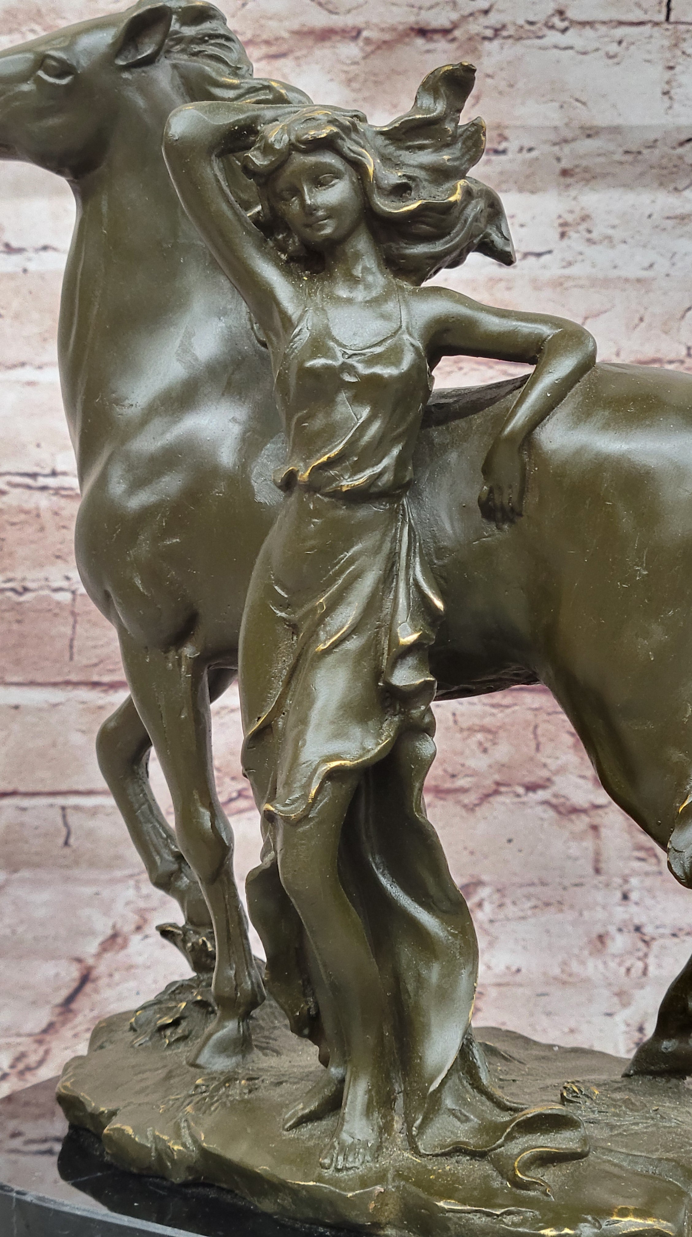 Art Nouveau Bronze Woman and Horse – Sculpture on Marble