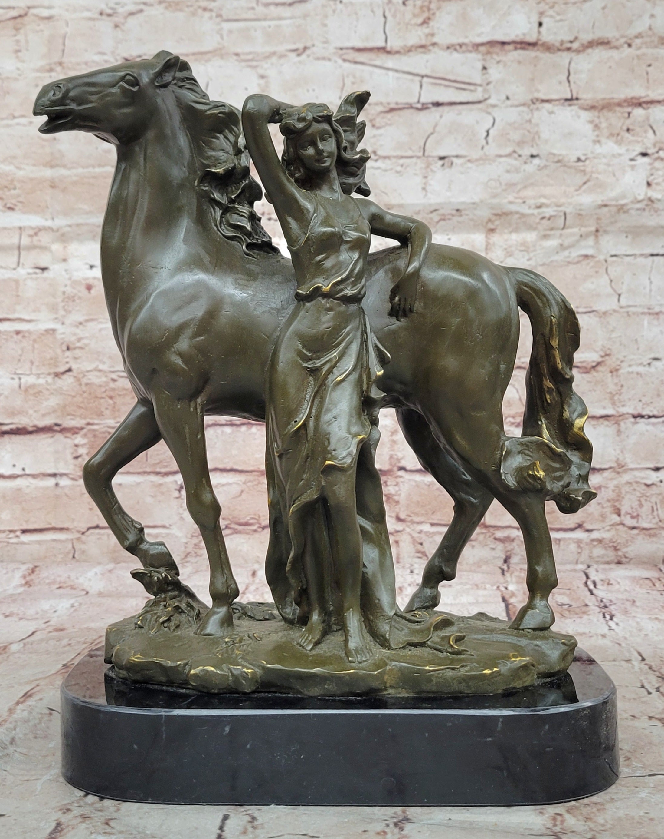 Art Nouveau Bronze Woman and Horse – Sculpture on Marble