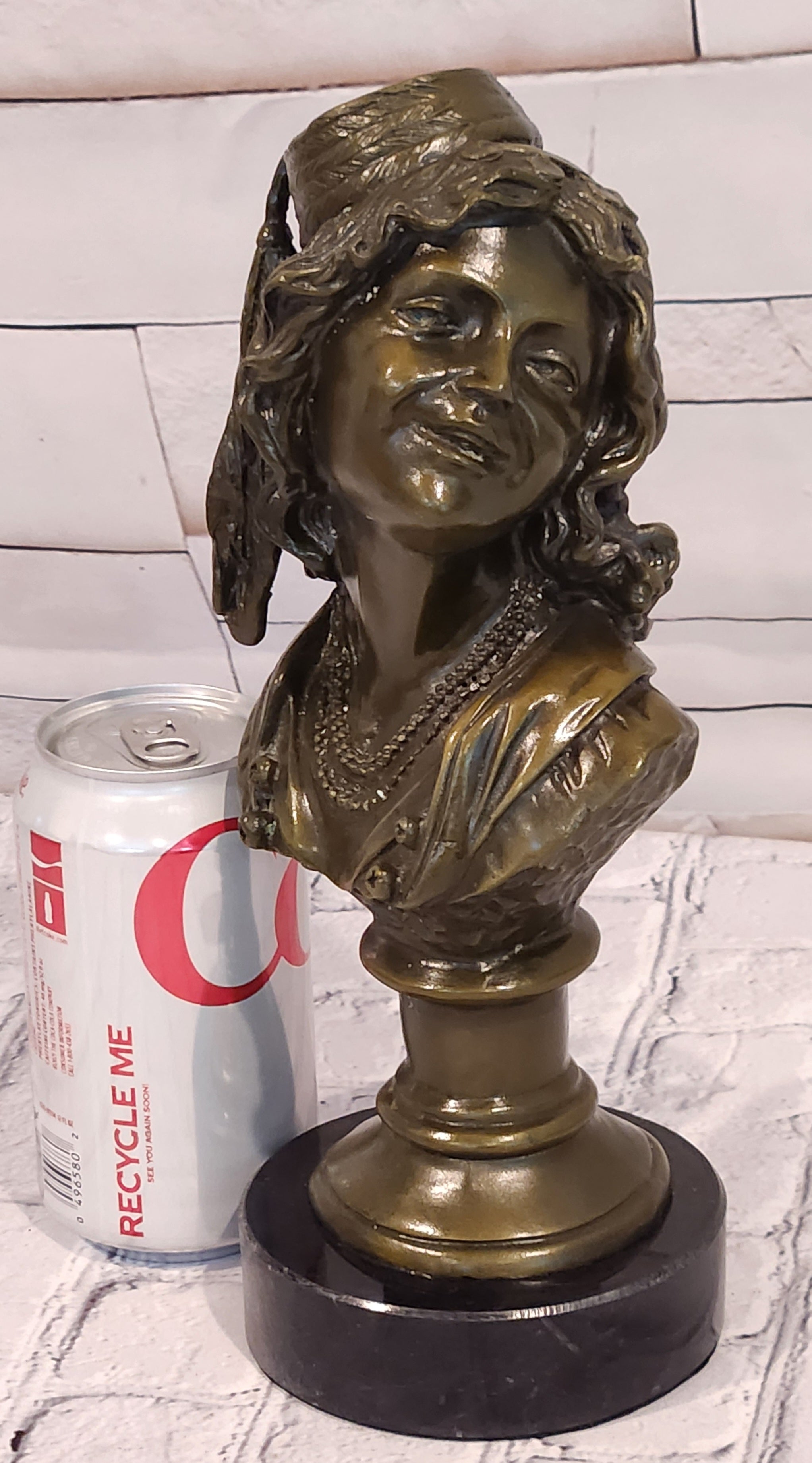 Signed Original M. Lopez art Deco Style Smiling Woman Bust Bronze Sculpture Statue