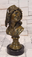 Signed Original M. Lopez art Deco Style Smiling Woman Bust Bronze Sculpture Statue