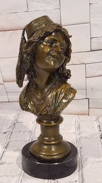 Signed Original M. Lopez art Deco Style Smiling Woman Bust Bronze Sculpture Statue