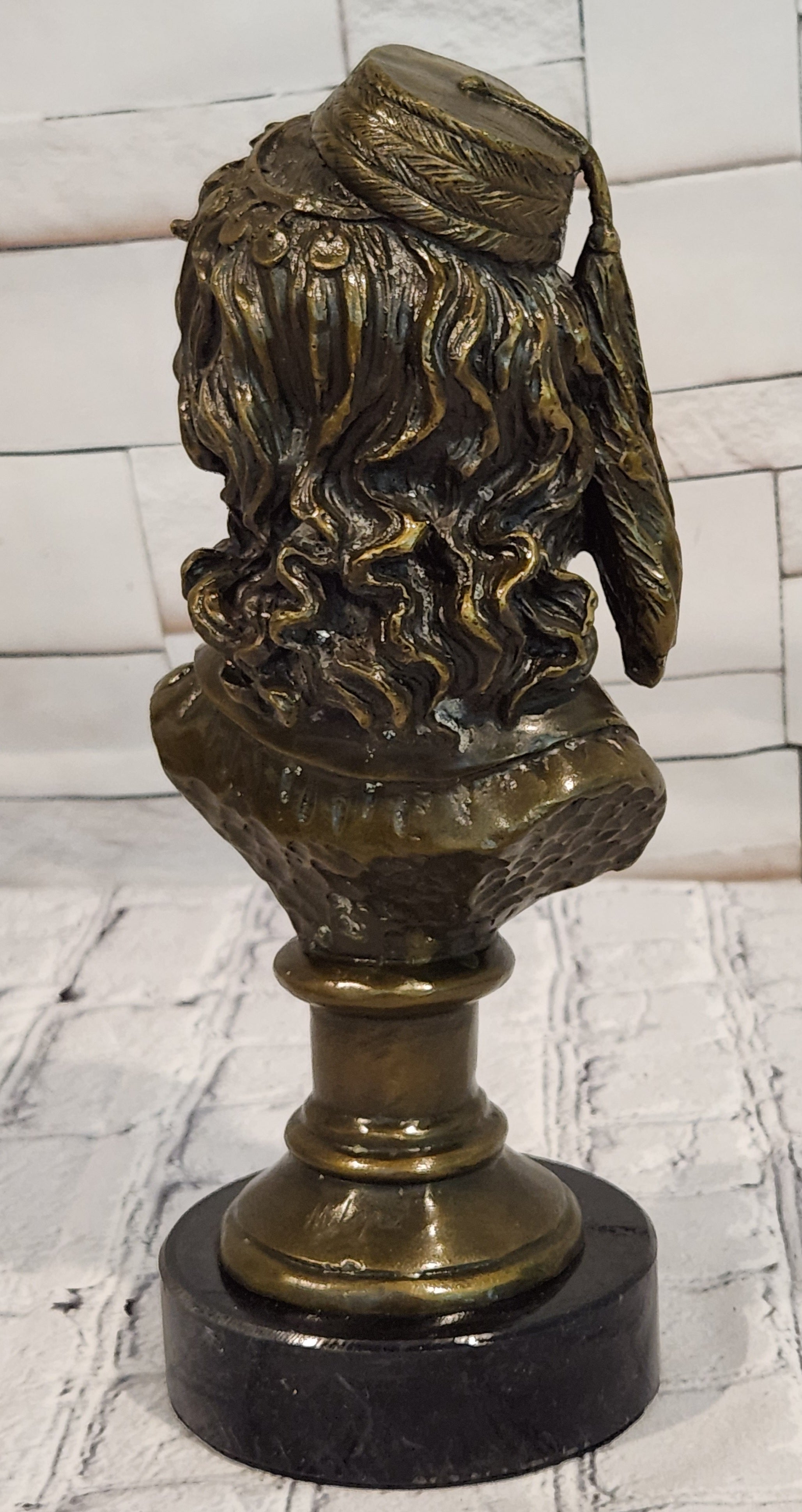 Signed Original M. Lopez art Deco Style Smiling Woman Bust Bronze Sculpture Statue
