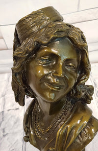 Signed Original M. Lopez art Deco Style Smiling Woman Bust Bronze Sculpture Statue