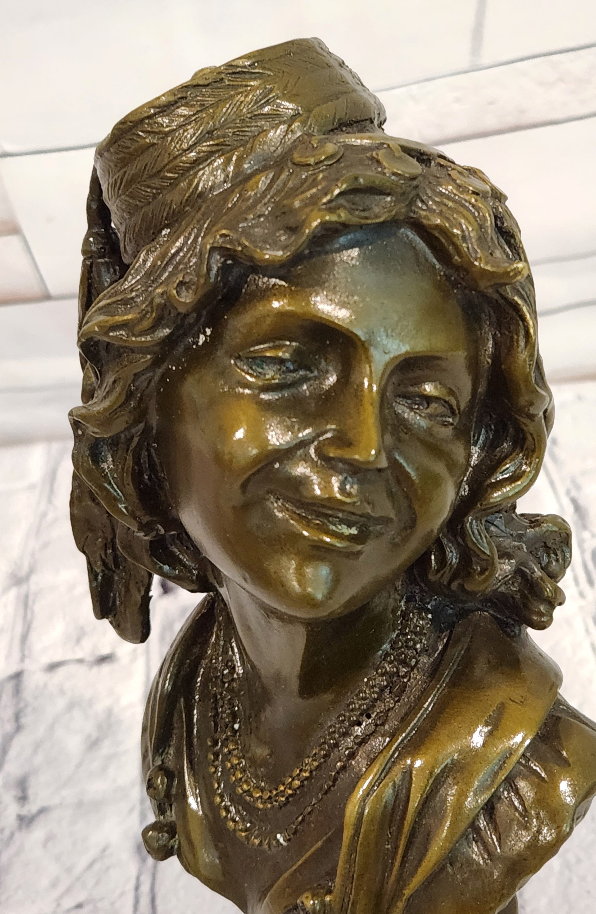Signed Original M. Lopez art Deco Style Smiling Woman Bust Bronze Sculpture Statue