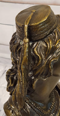 Signed Original M. Lopez art Deco Style Smiling Woman Bust Bronze Sculpture Statue