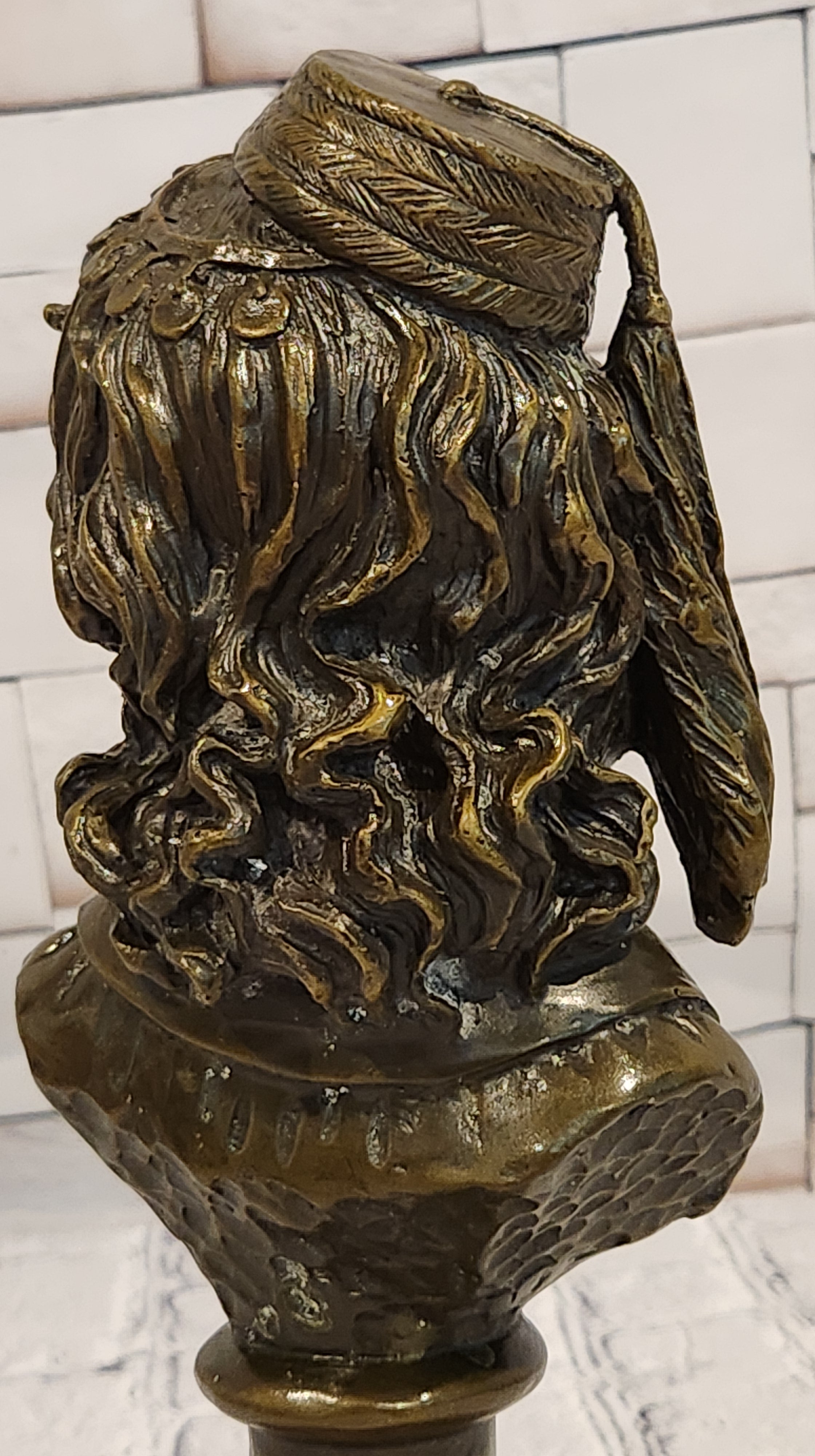 Signed Original M. Lopez art Deco Style Smiling Woman Bust Bronze Sculpture Statue