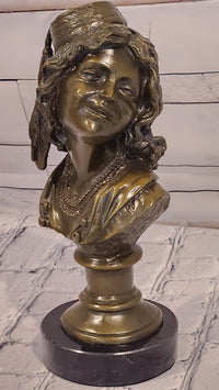 Signed Original M. Lopez art Deco Style Smiling Woman Bust Bronze Sculpture Statue