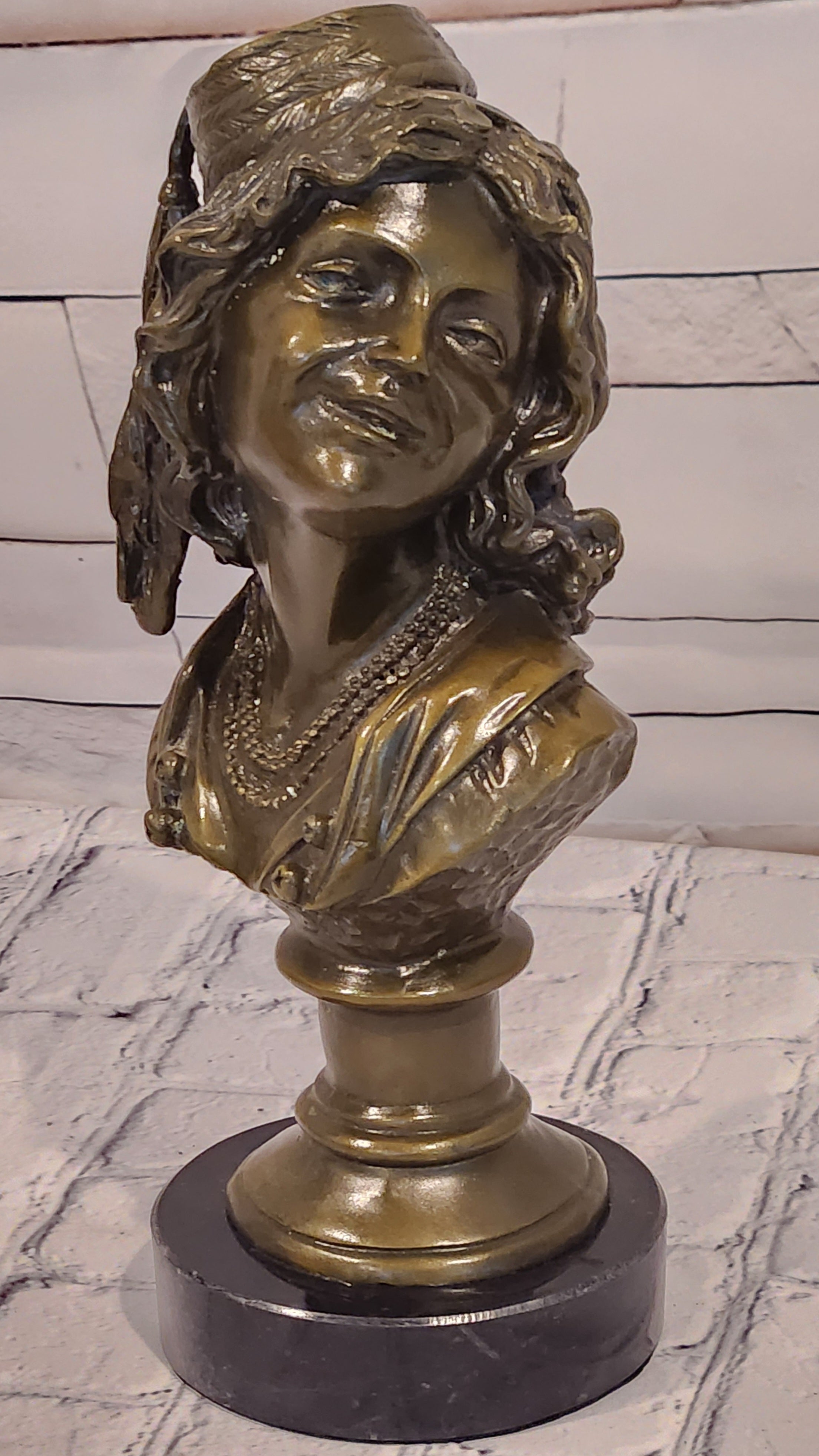 Signed Original M. Lopez art Deco Style Smiling Woman Bust Bronze Sculpture Statue