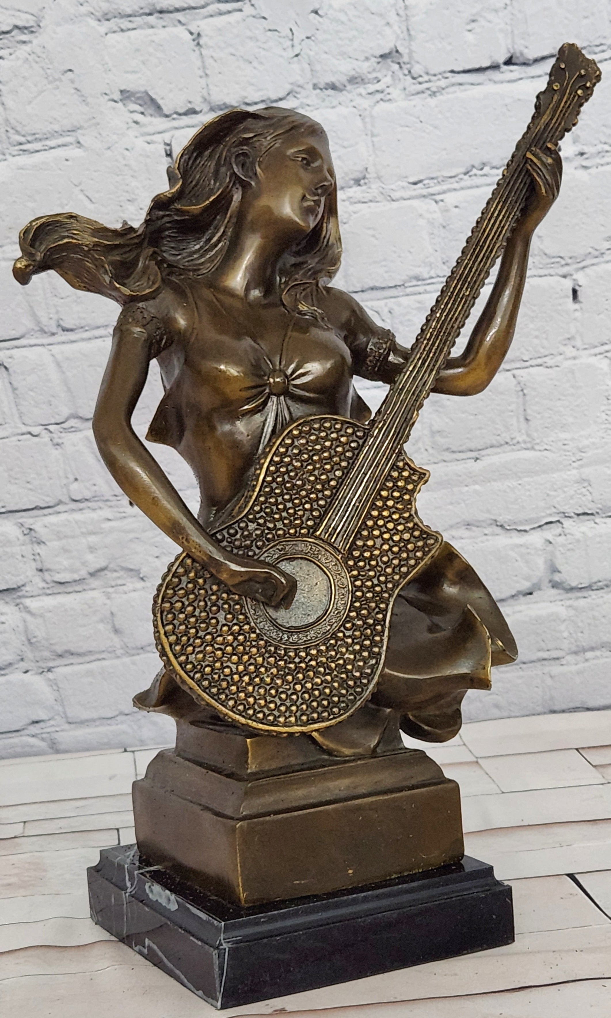 Signed Original William Woman with Guitar Bust Musician Bronze Sculpture Statue