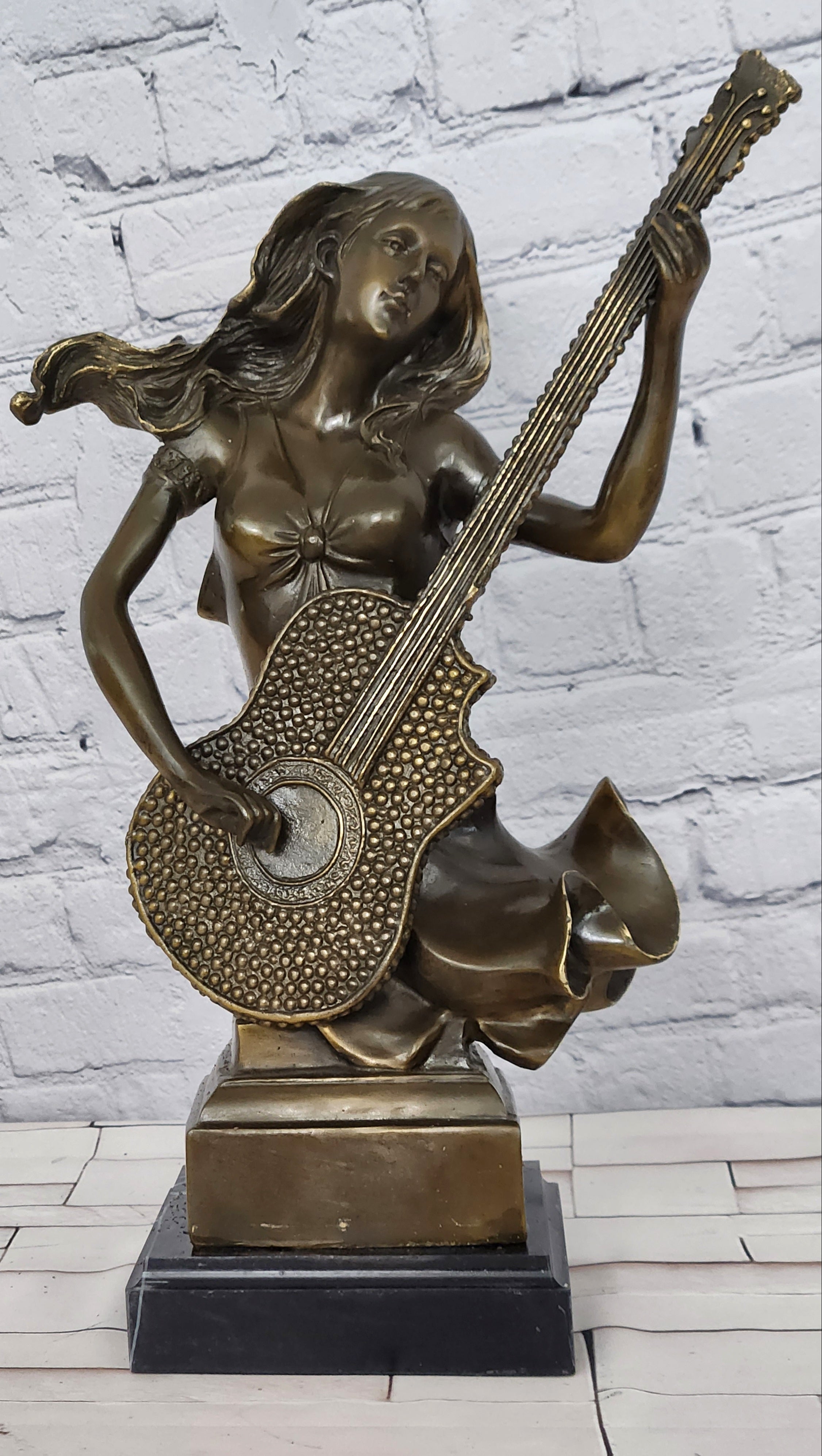Signed Original William Woman with Guitar Bust Musician Bronze Sculpture Statue