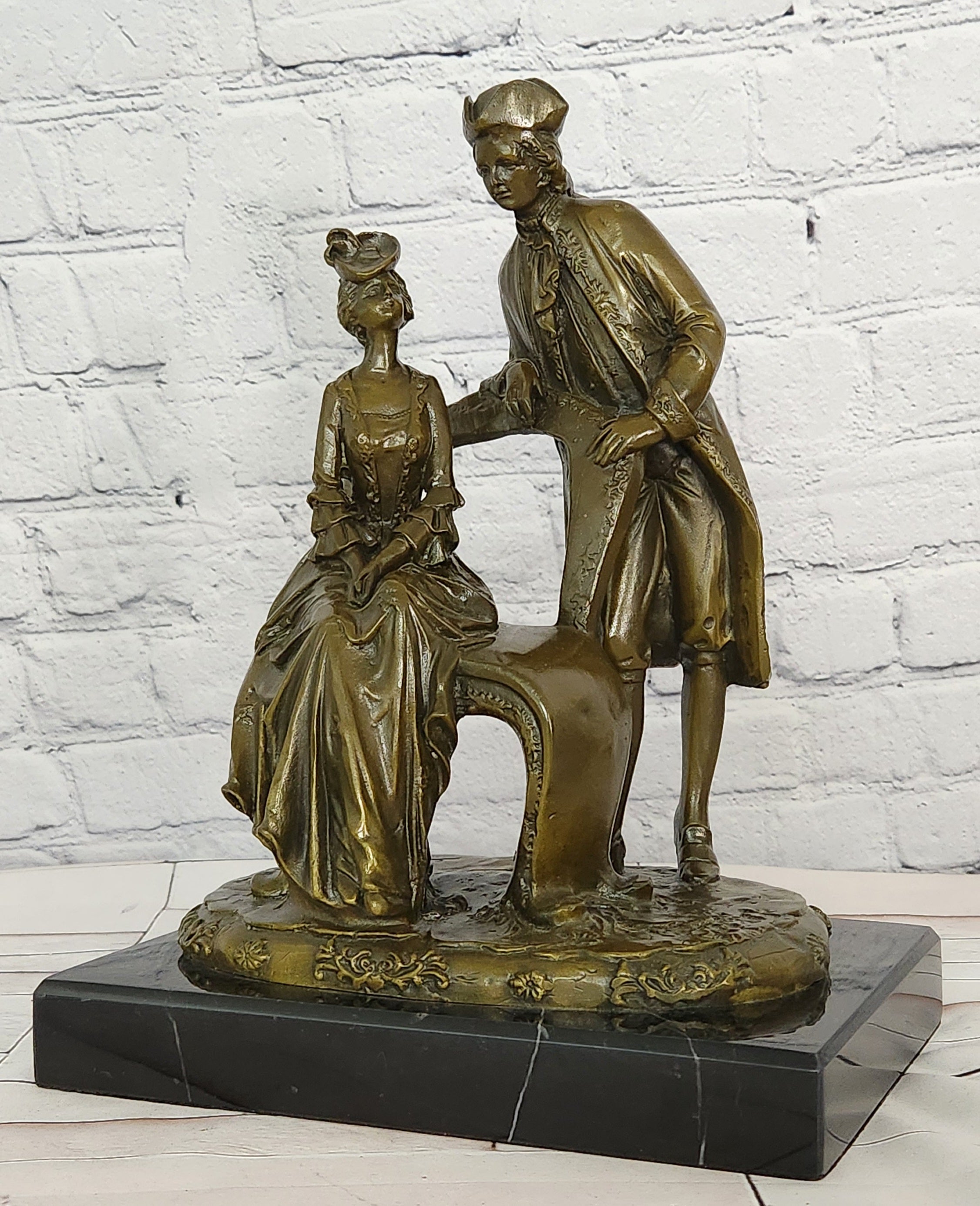 Hand Made Signed Annie Colonial Couple Romantic Bronze Sculpture Statue
