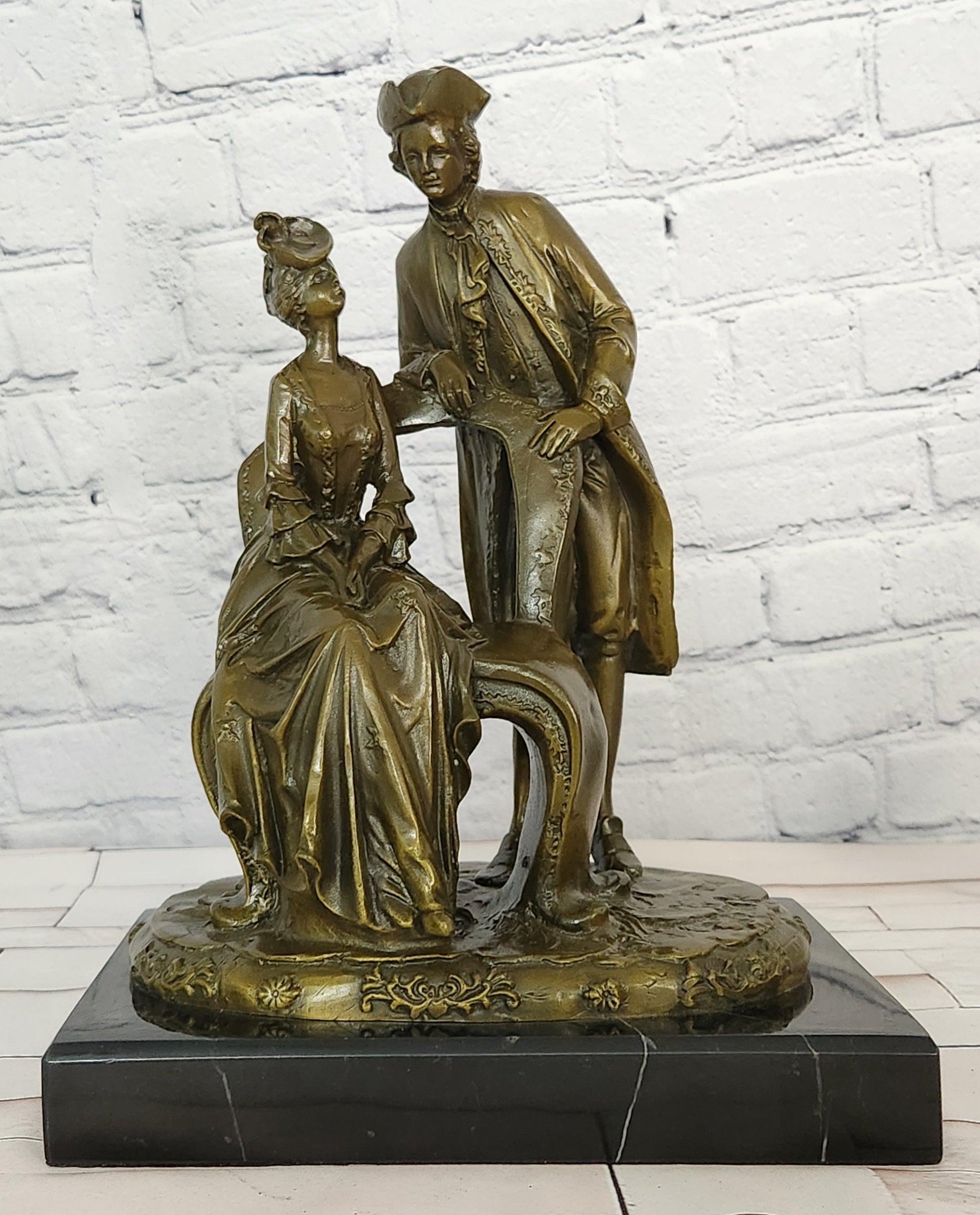 Hand Made Signed Annie Colonial Couple Romantic Bronze Sculpture Statue
