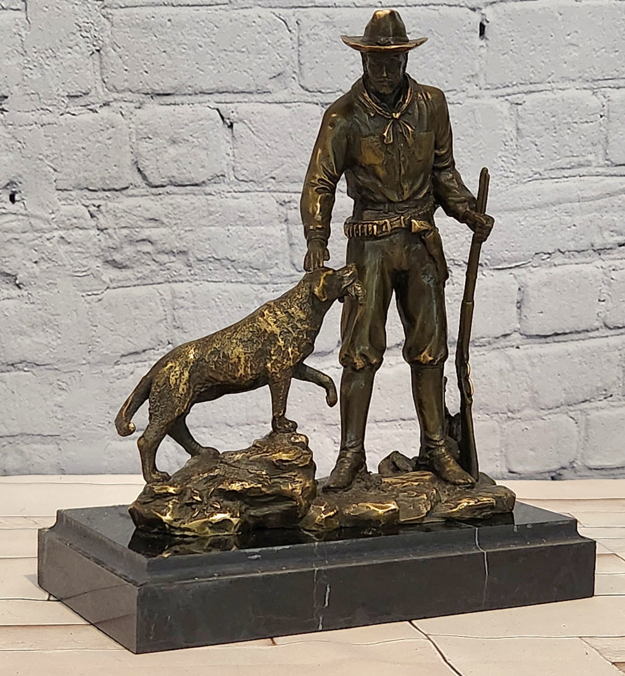 Signed & Numbered Limited-Edition Milo Cowboy with Riffle and Faithfull Dog Bronze Sculpture