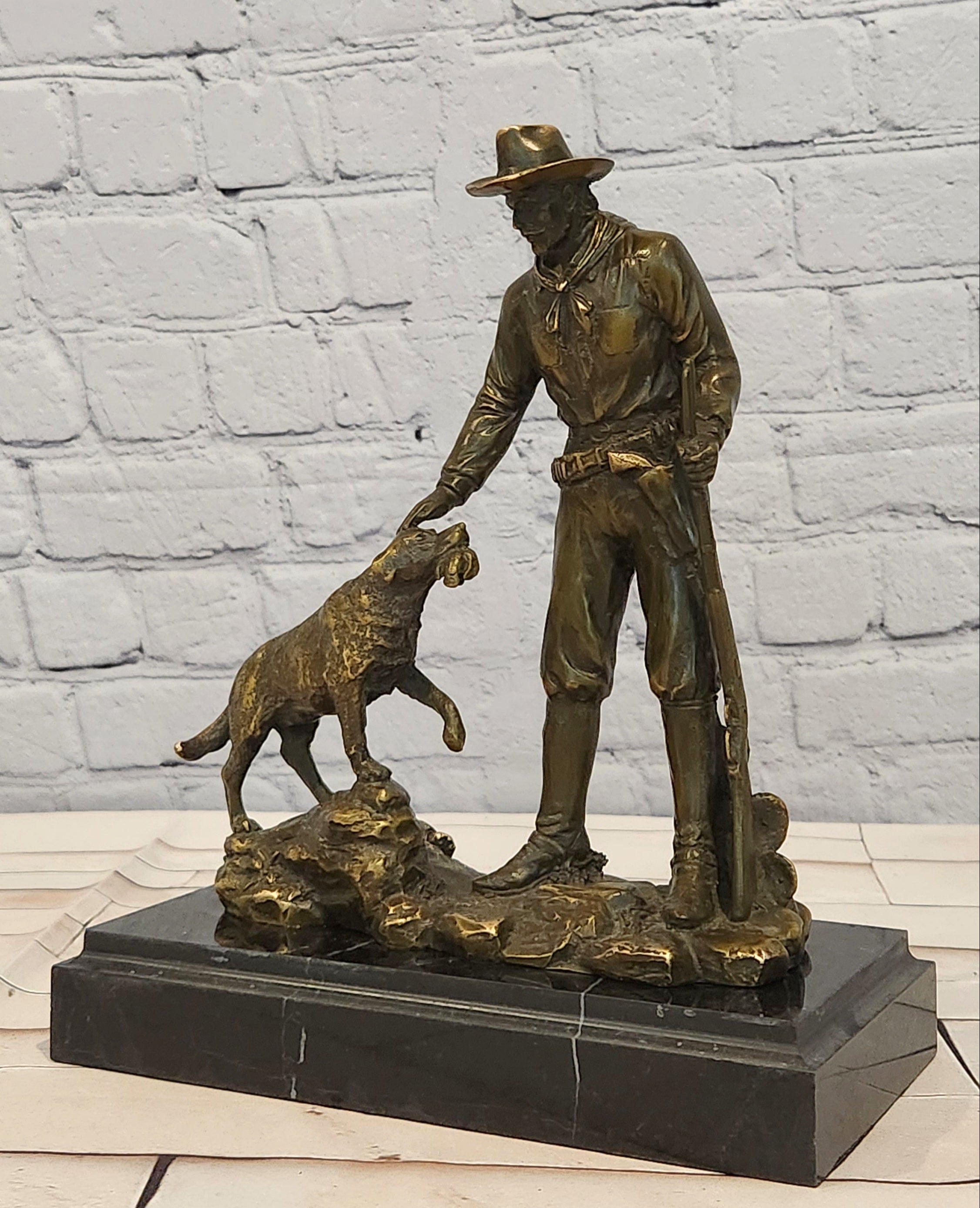 Signed & Numbered Limited-Edition Milo Cowboy with Riffle and Faithfull Dog Bronze Sculpture