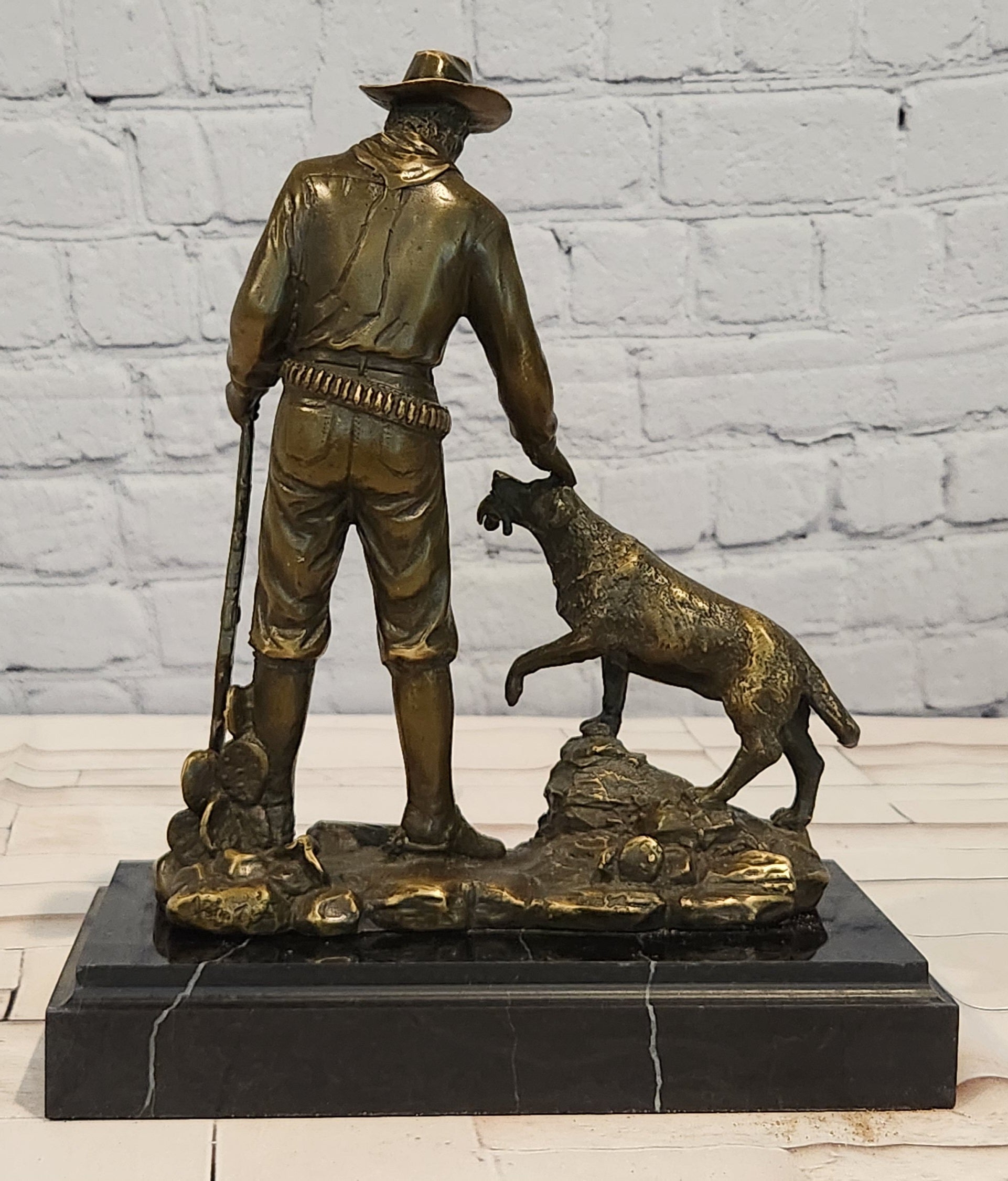 Signed & Numbered Limited-Edition Milo Cowboy with Riffle and Faithfull Dog Bronze Sculpture
