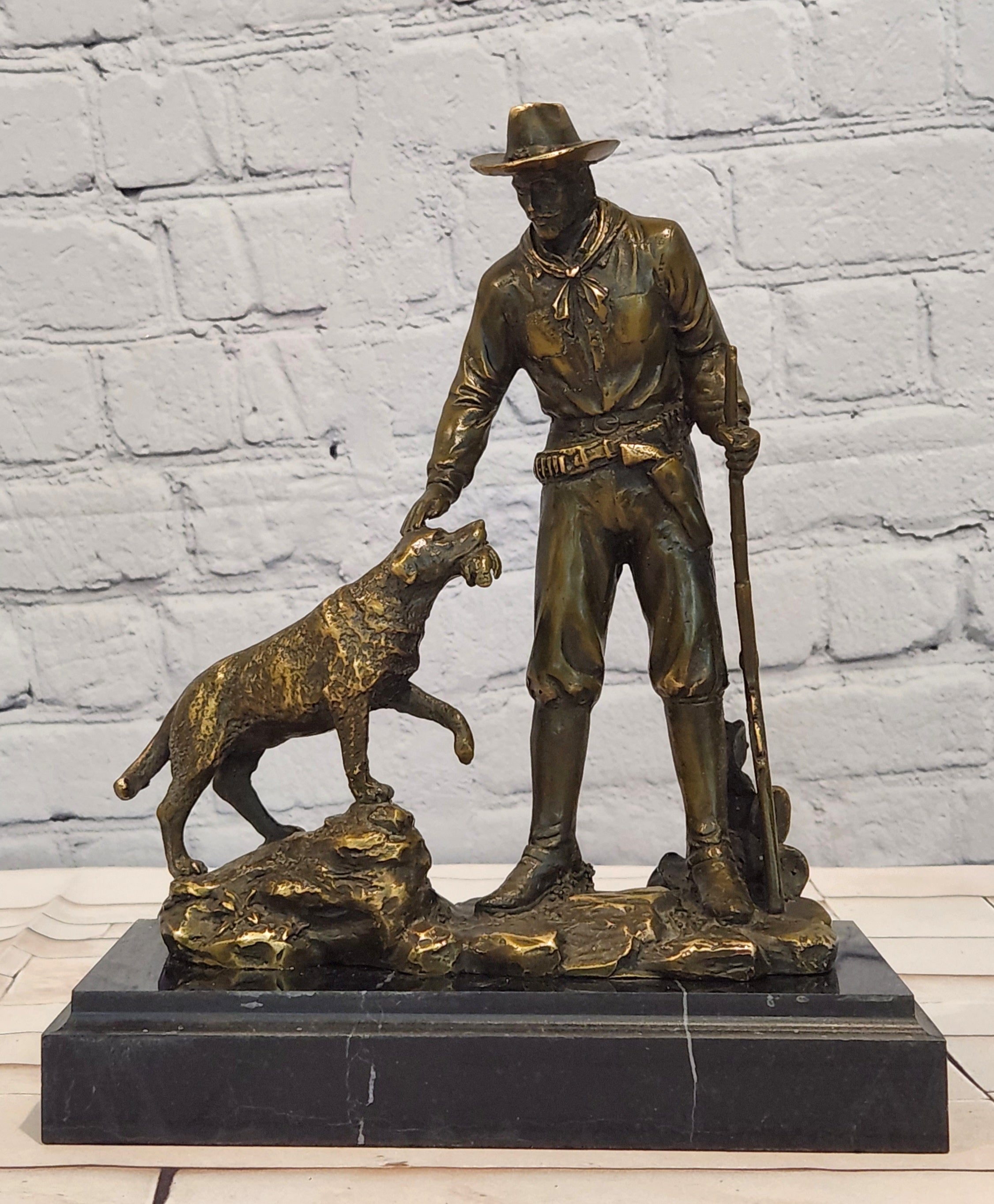 Signed & Numbered Limited-Edition Milo Cowboy with Riffle and Faithfull Dog Bronze Sculpture