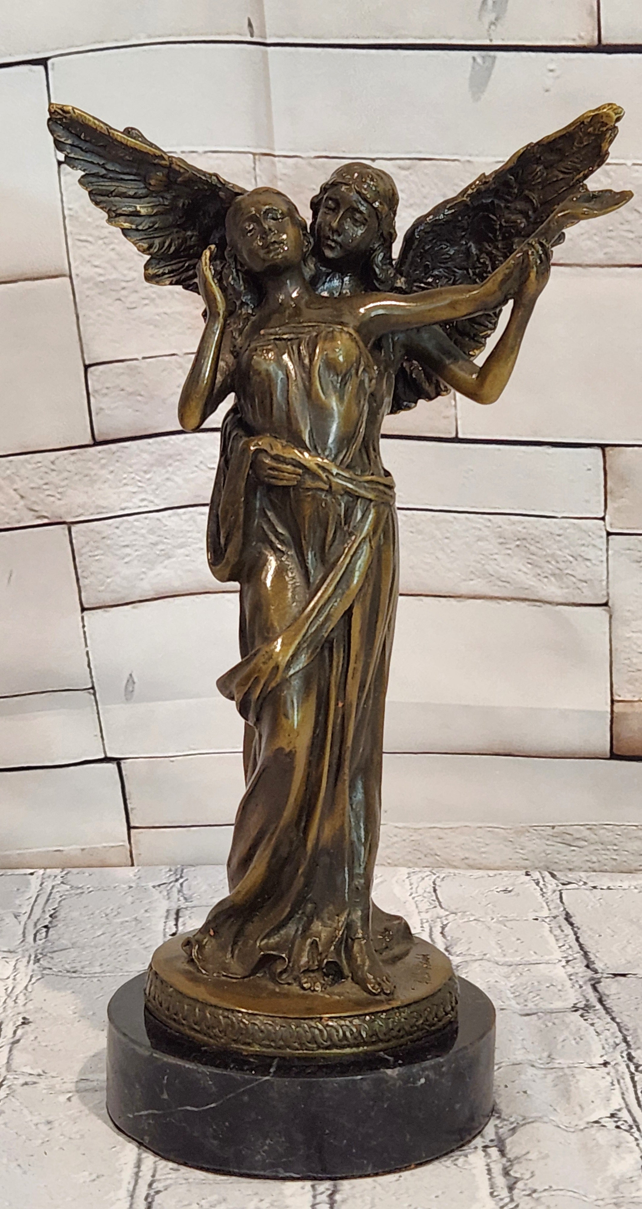 Guardian Angel Embracing Woman Genuine Bronze Sculpture Signed Aldo Vitaleh Statue