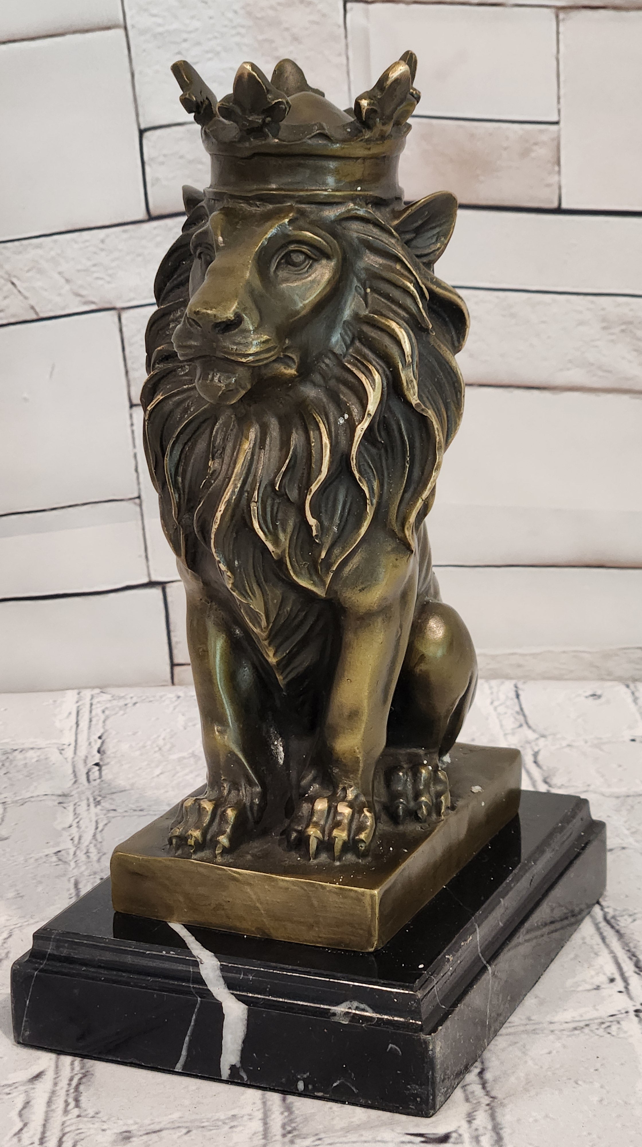 Bronze Casting Lion with Crown Sculpture King of Beasts Statue Signed Milo Artwork
