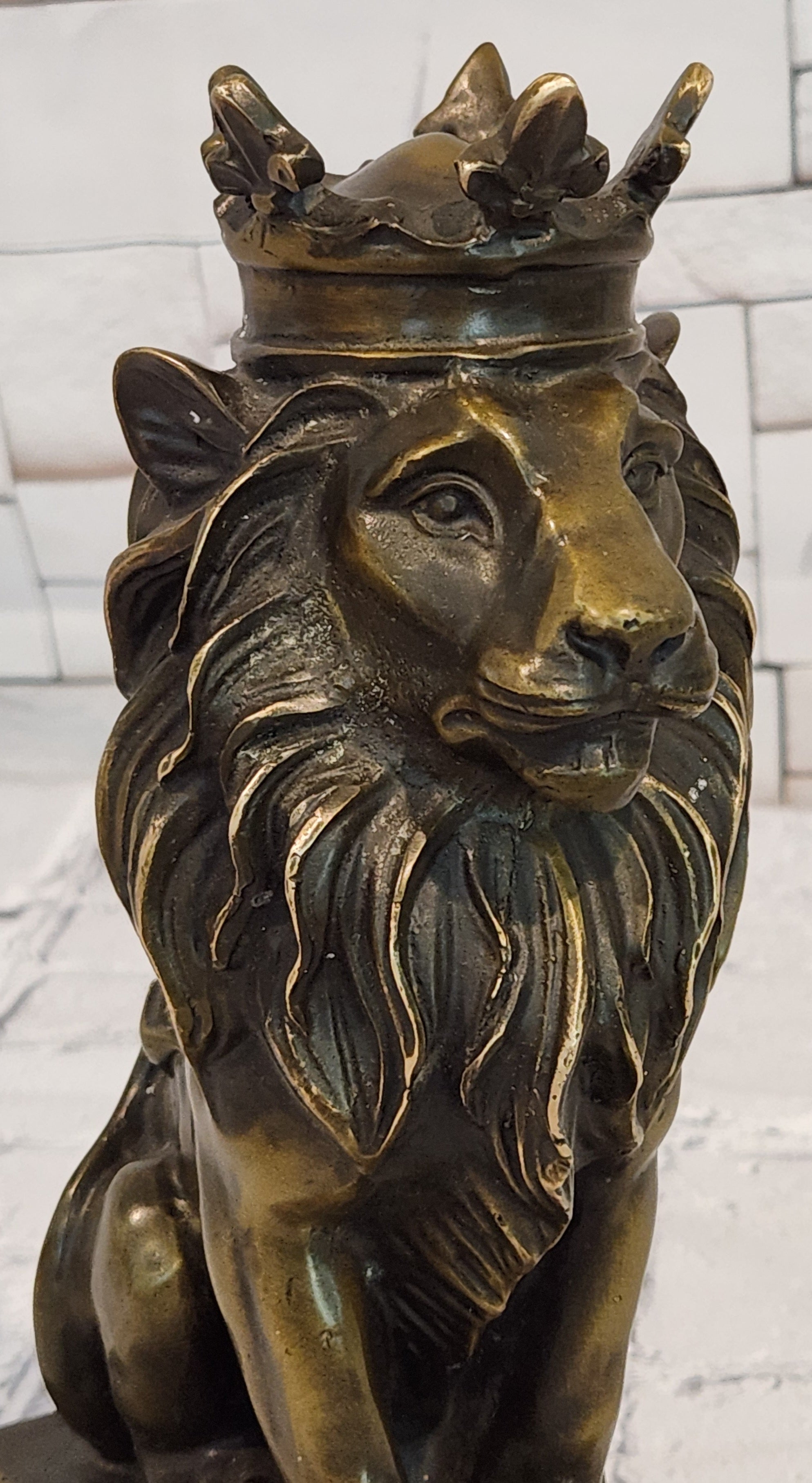 Bronze Casting Lion with Crown Sculpture King of Beasts Statue Signed Milo Artwork