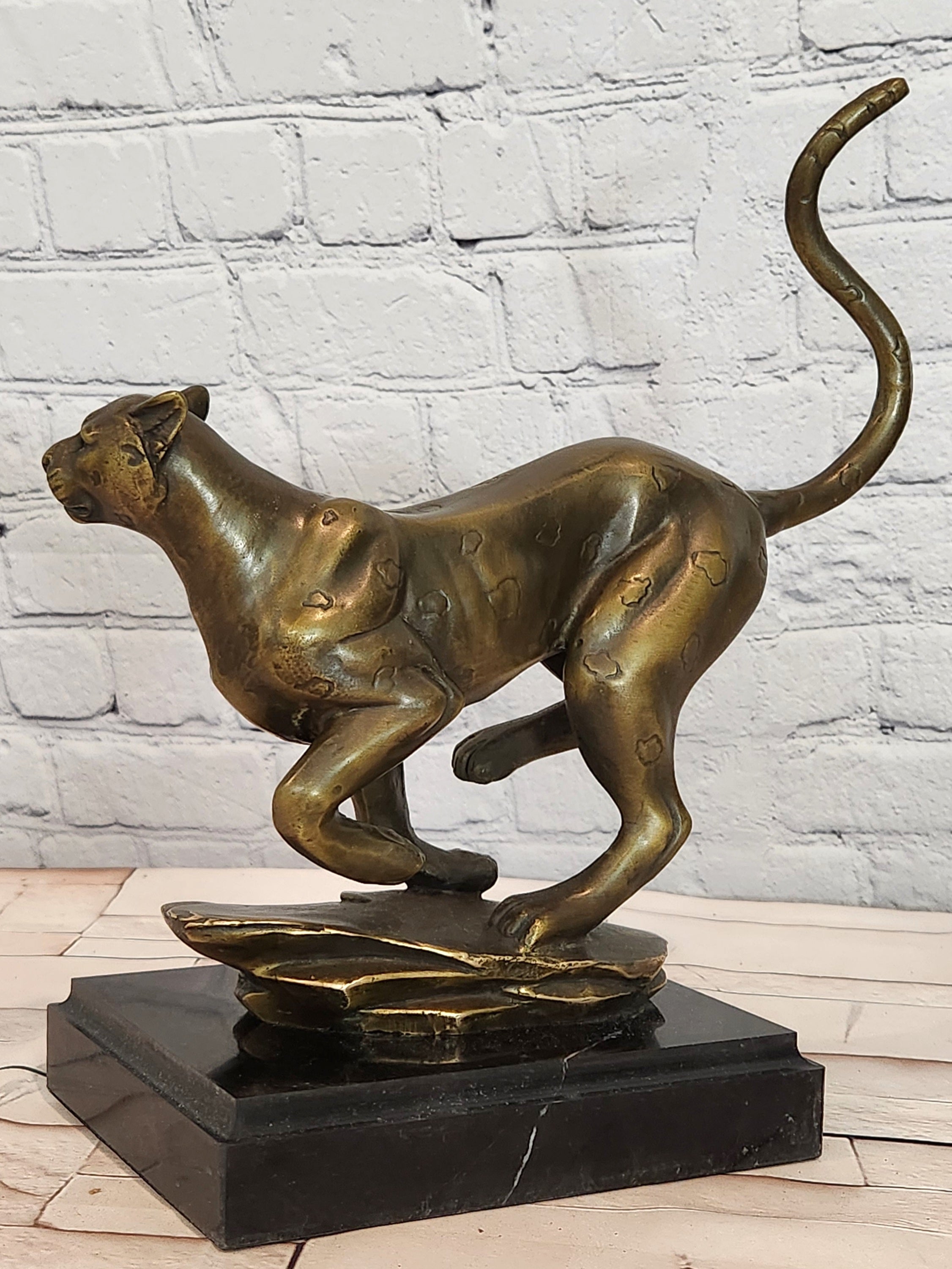 Running Cheetah Sculpture Figurine Bronze Wild Cat Wildlife Artwork by Cain Statue