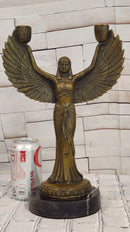 Egyptian Goddess Isis with Wings Dual Candleholder Genuine Bronze by Patoue Statue