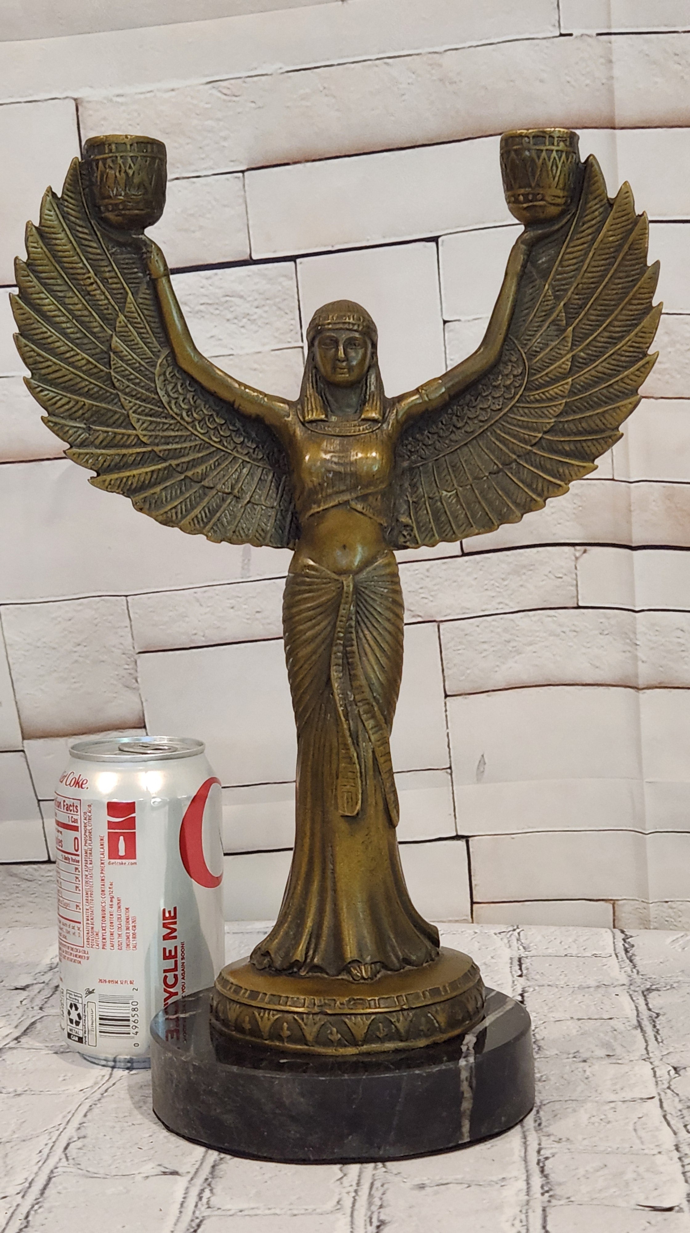 Egyptian Goddess Isis with Wings Dual Candleholder Genuine Bronze by Patoue Statue