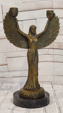 Egyptian Goddess Isis with Wings Dual Candleholder Genuine Bronze by Patoue Statue