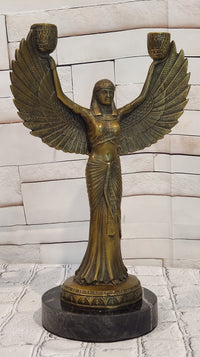 Egyptian Goddess Isis with Wings Dual Candleholder Genuine Bronze by Patoue Statue