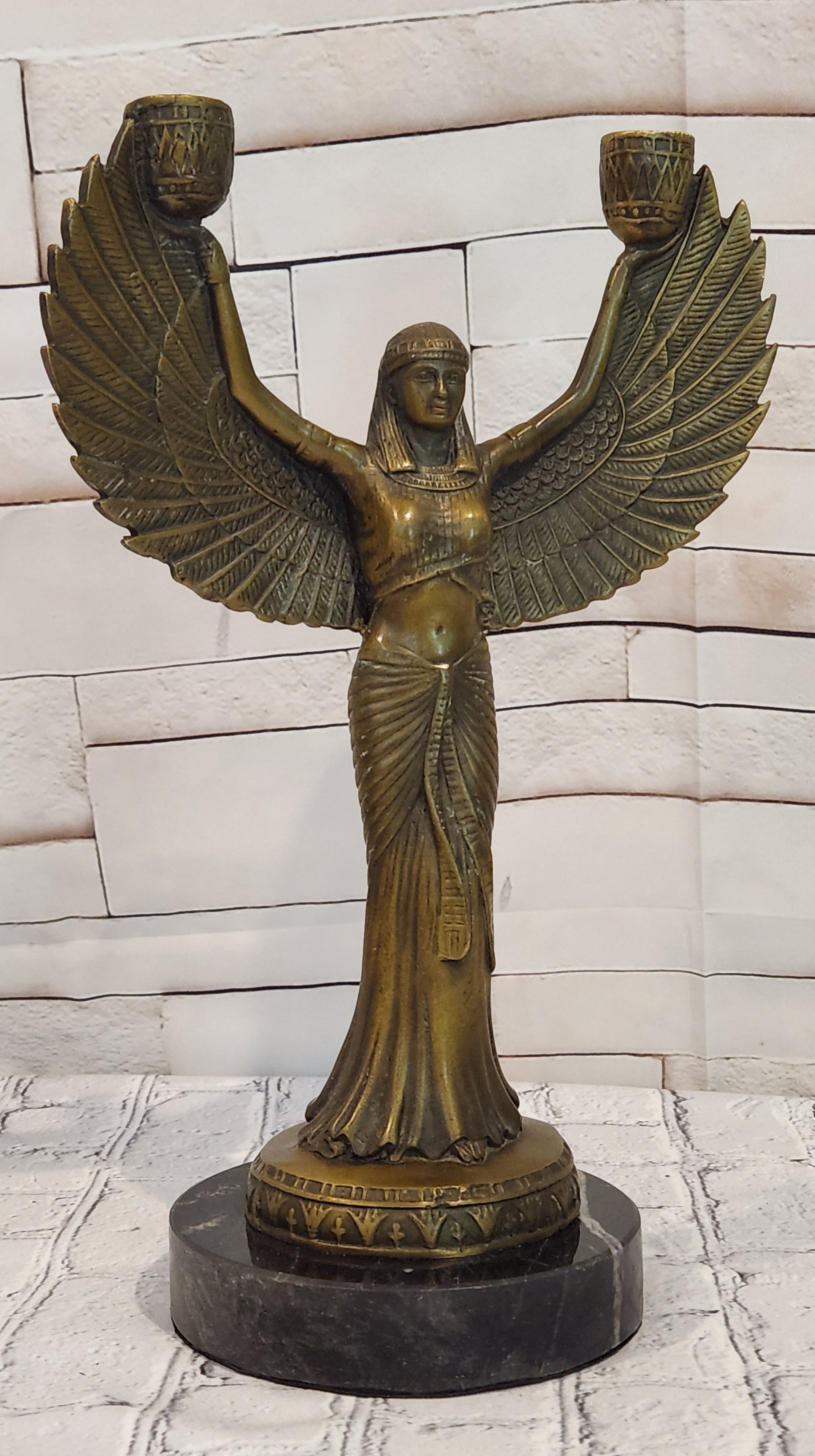 Egyptian Goddess Isis with Wings Dual Candleholder Genuine Bronze by Patoue Statue