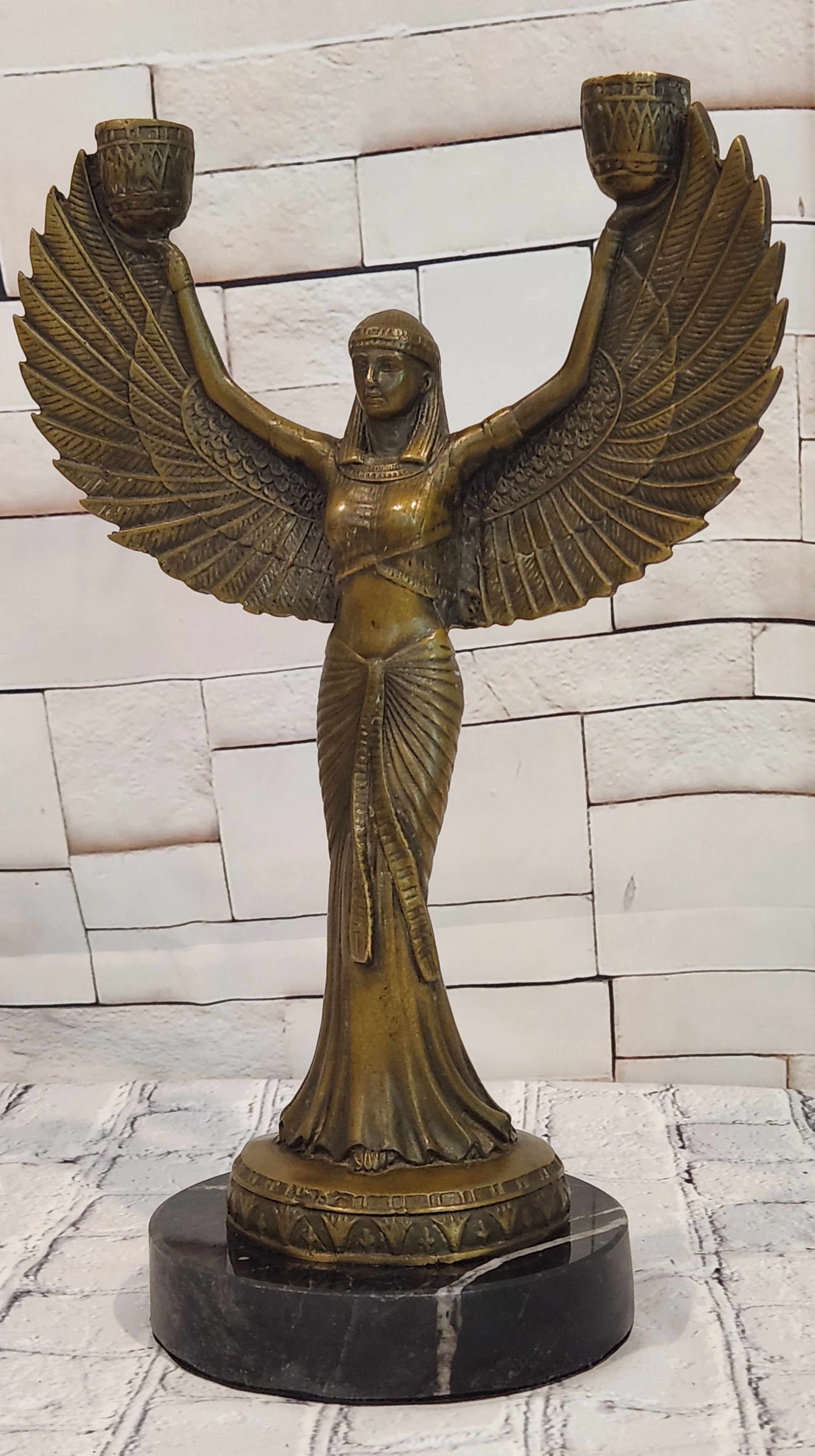 Egyptian Goddess Isis with Wings Dual Candleholder Genuine Bronze by Patoue Statue