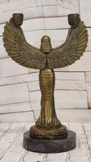Egyptian Goddess Isis with Wings Dual Candleholder Genuine Bronze by Patoue Statue