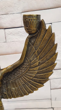 Egyptian Goddess Isis with Wings Dual Candleholder Genuine Bronze by Patoue Statue