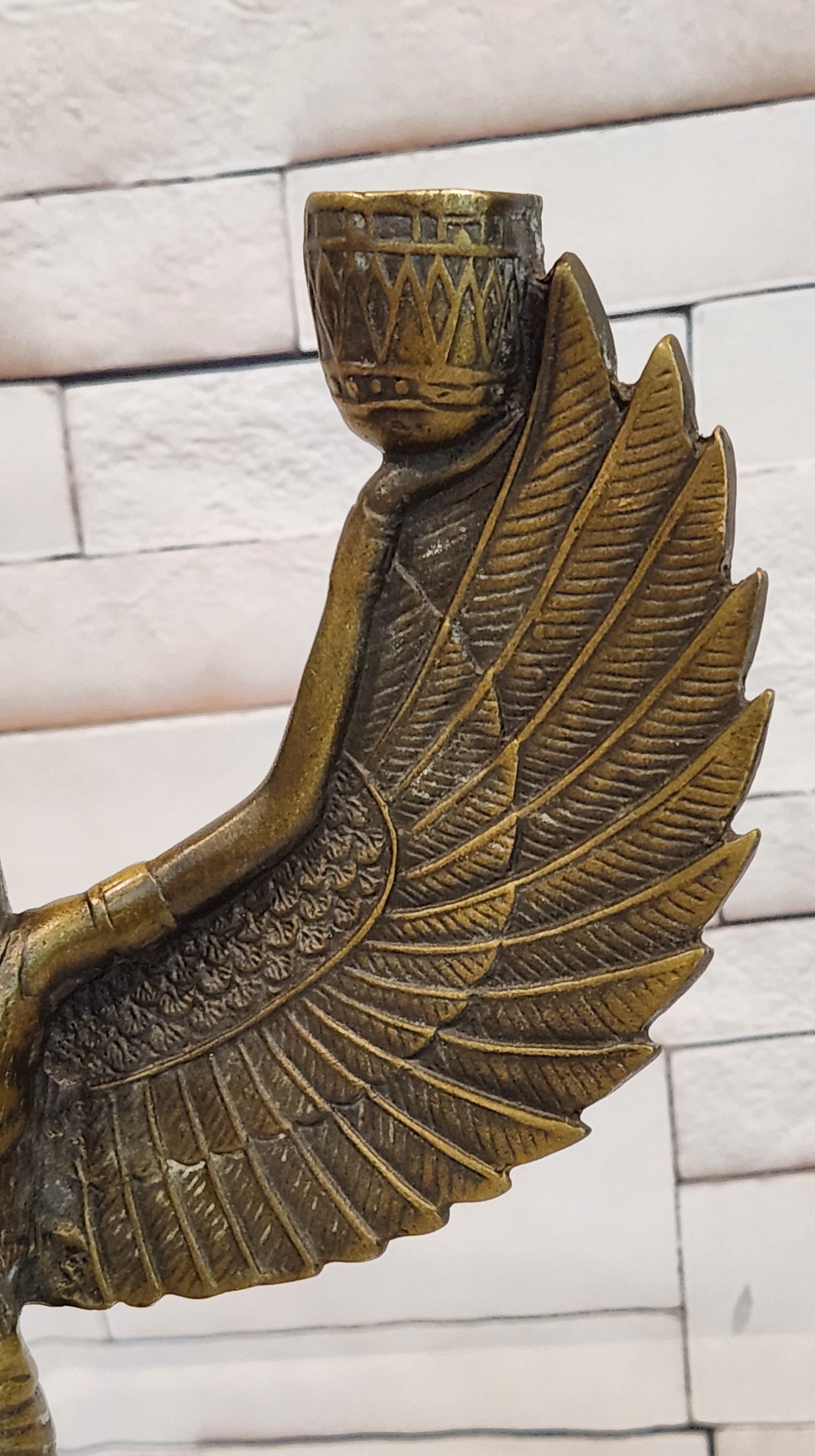 Egyptian Goddess Isis with Wings Dual Candleholder Genuine Bronze by Patoue Statue