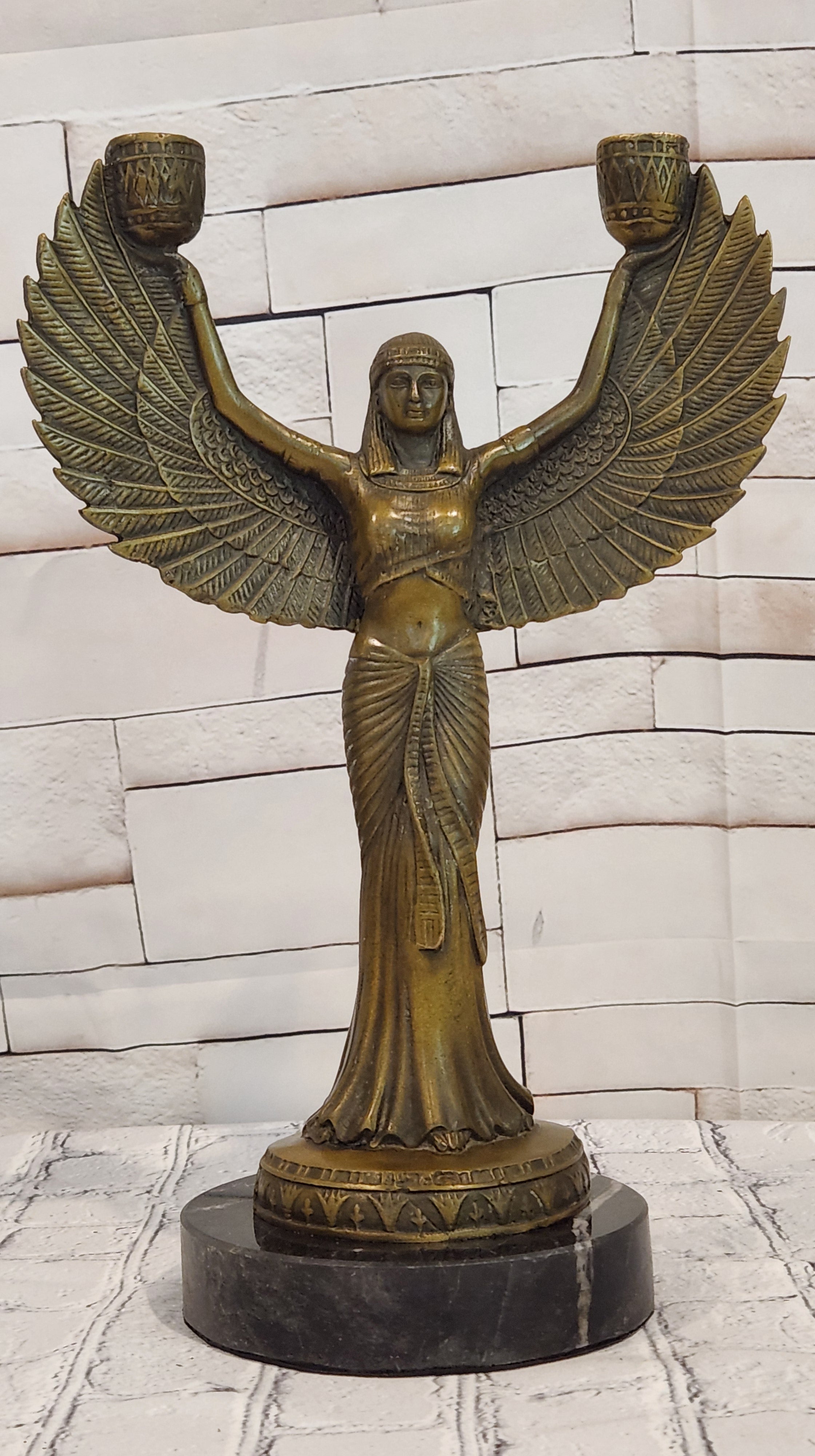 Egyptian Goddess Isis with Wings Dual Candleholder Genuine Bronze by Patoue Statue