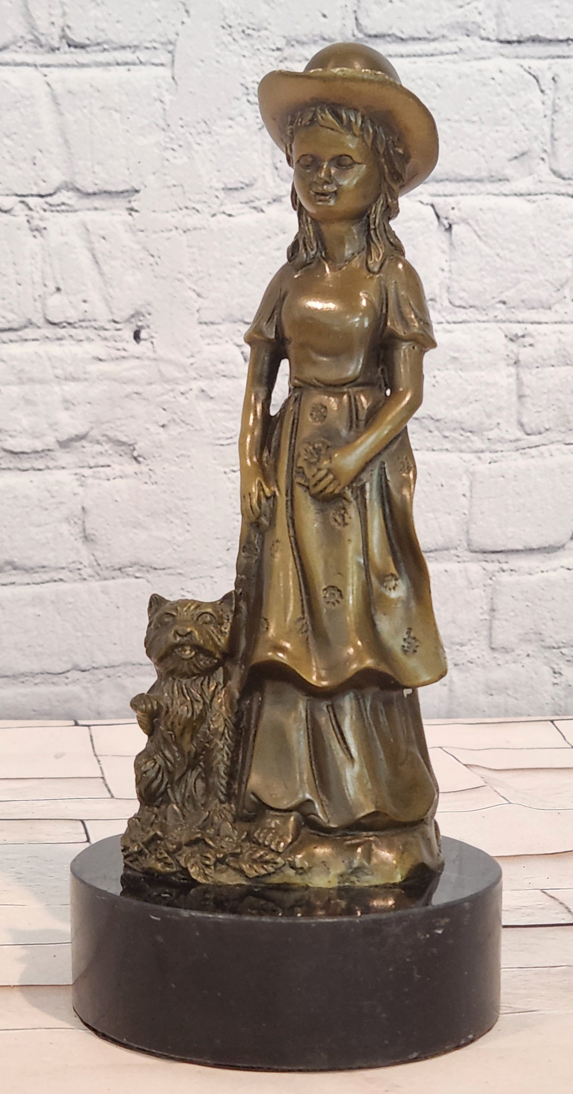 Vintage Bronze Sculpture of a Victorian Girl with Her Dog by Miguel Lopez Milo