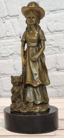 Vintage Bronze Sculpture of a Victorian Girl with Her Dog by Miguel Lopez Milo